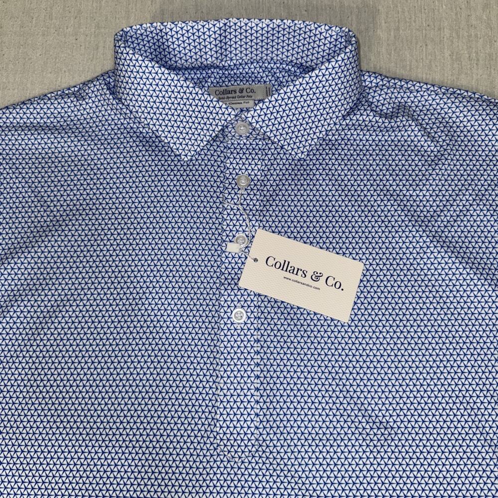 Collars & Co Golf Semi Spread Collar Polo White Blue Geometric X-Large NWT